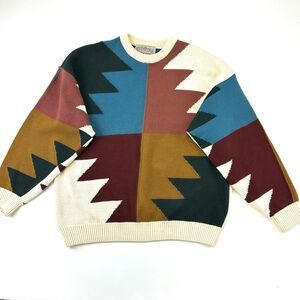90s Vintage Mens pullover sweater cotton Drop shoulder Aztec print Grandpacore